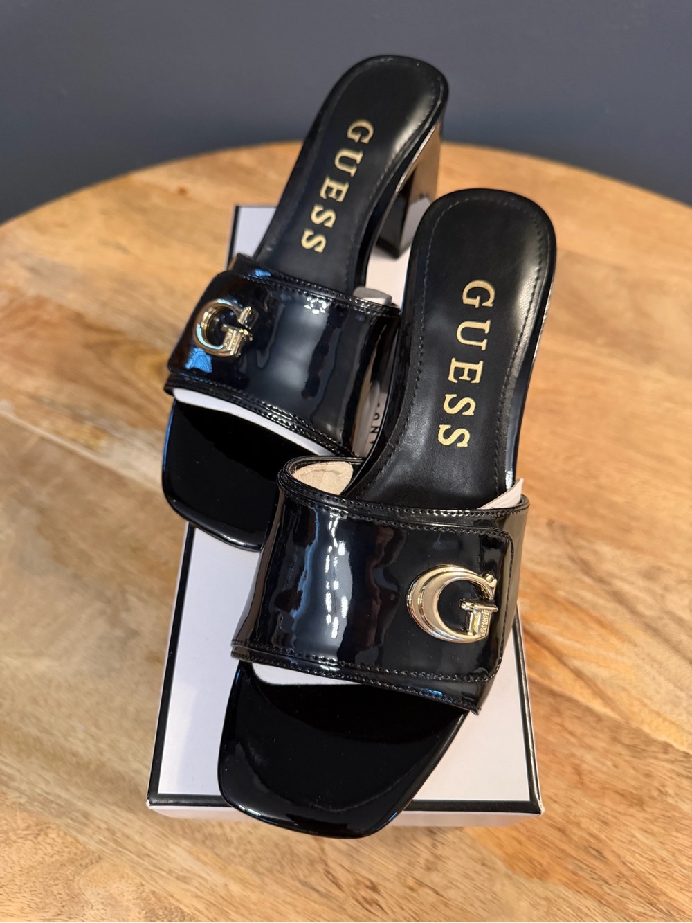 GUESS Black Patent Slide Heels with Gold G Emblem